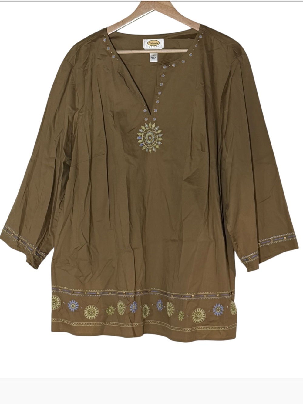 Talbots Beaded Embroidered V Neck Lightweight Tunic 2X Brown Southwestern Boho